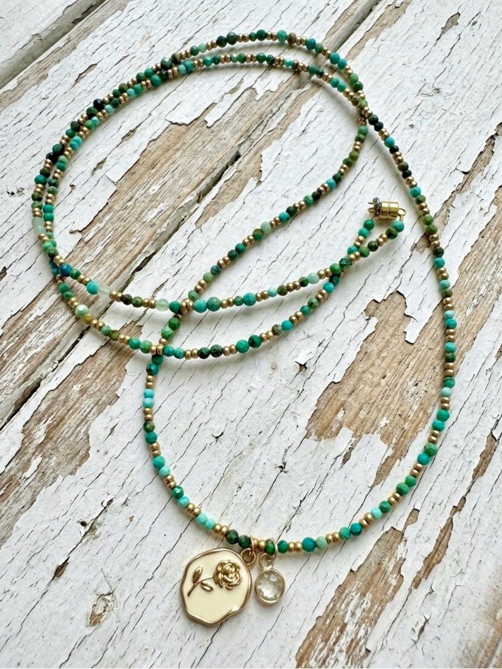 Delicate Matte Gold Tone & Semi Precious Turquoise Beaded Layered Necklace